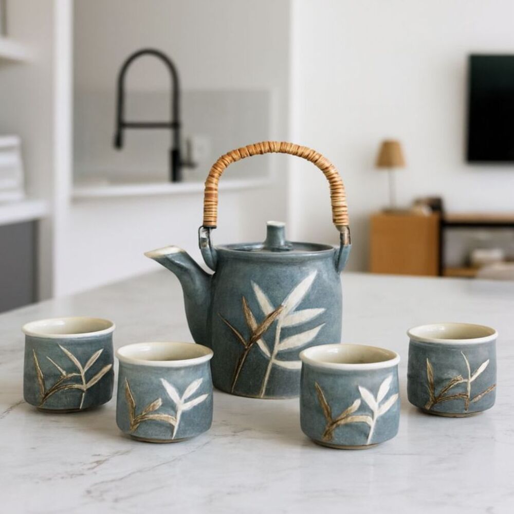 Vinatge Japan Art Pottery Tea Set Bamboo Design Stoneware Teapot & 4 Cups Mugs
